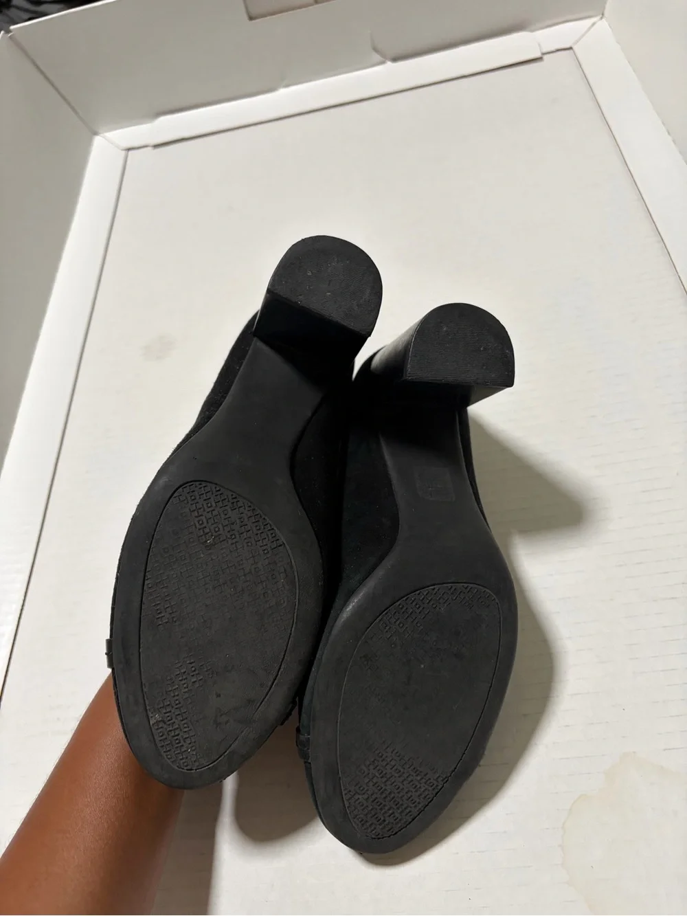 Tory Burch Black Suede Logo Round-Toe Pumps with Medallion